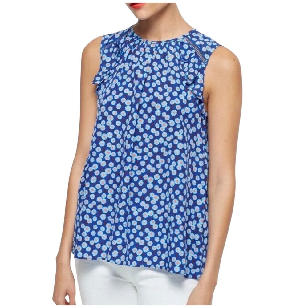 Kate Spade Silk tank blouse, bright blue /aqua/pink floral pattern, ruffle, XXS